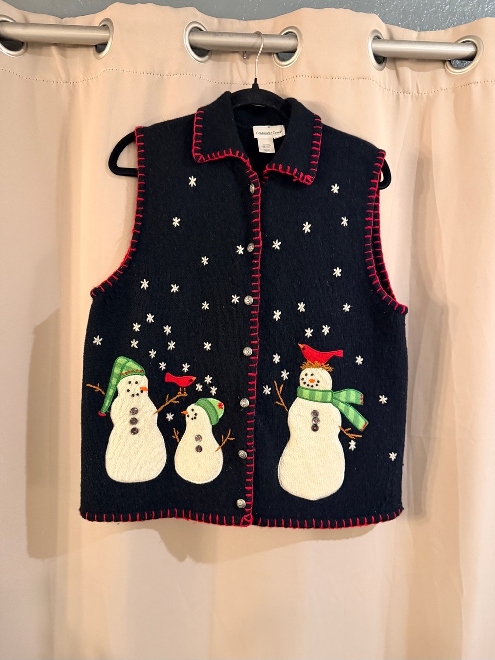 Coldwater Creek Navy Snowman Embroidered Vest with Red Trim